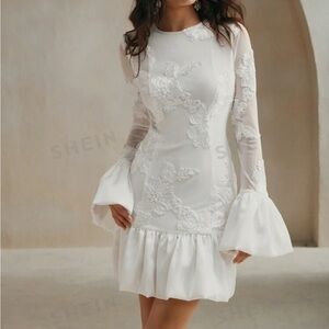 White lace dress
engagement party dress
Bridal shower dress
Puff sleeve